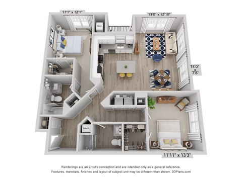 Two bedroom, two bathroom apartment home at 1216 sq. ft.